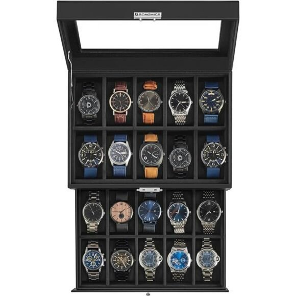 20 Slot Watch Box 2 Layer Glass Top Lockable Display Case Jewelry Organizer - Picture 1 of 8